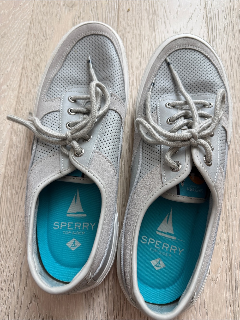 Sperry Light Gray Perforated Lace-Up Boat Shoes with Teal Insoles